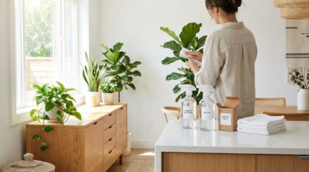 Secrets pour un entretien maison saine et durable Femme nettoyant les feuilles d'une plante d'intérieur avec des produits naturels dans une maison lumineuse et moderne.