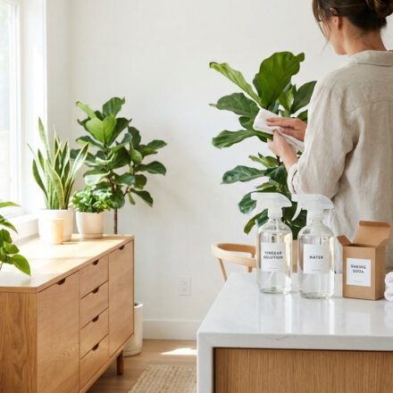 Femme nettoyant les feuilles d'une plante d'intérieur avec des produits naturels dans une maison lumineuse et moderne.