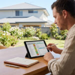 Un homme gère le plan d'entretien annuel de sa maison et son budget sur une tablette, assis à une table en bois sur une terrasse ensoleillée.