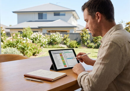 Entretien maison annuel : les gestes clés du patrimoine Un homme gère le plan d'entretien annuel de sa maison et son budget sur une tablette, assis à une table en bois sur une terrasse ensoleillée.