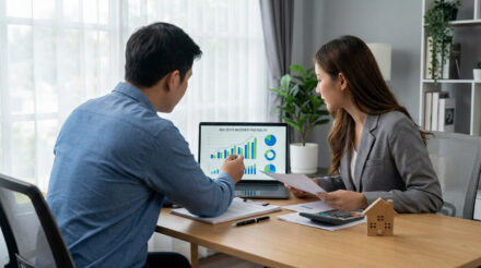 Calcul de la rentabilité locative : comment bien investir Deux personnes analysent des graphiques de rentabilité immobilière sur un ordinateur portable, avec une maquette de maison sur la table.