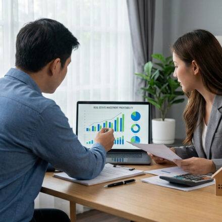 Deux personnes analysent des graphiques de rentabilité immobilière sur un ordinateur portable, avec une maquette de maison sur la table.