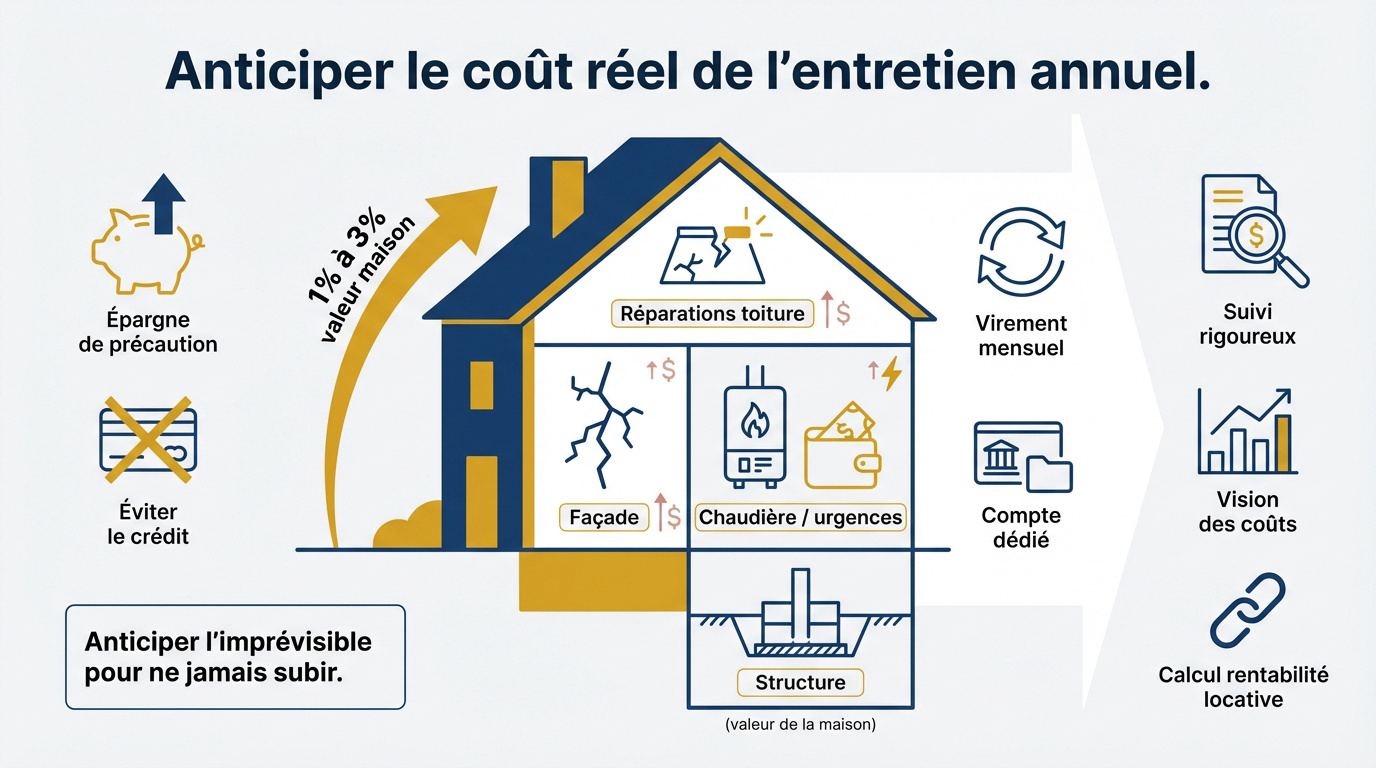 Propriétaire planifiant le budget d'entretien de sa maison avec une calculatrice et des documents financiers