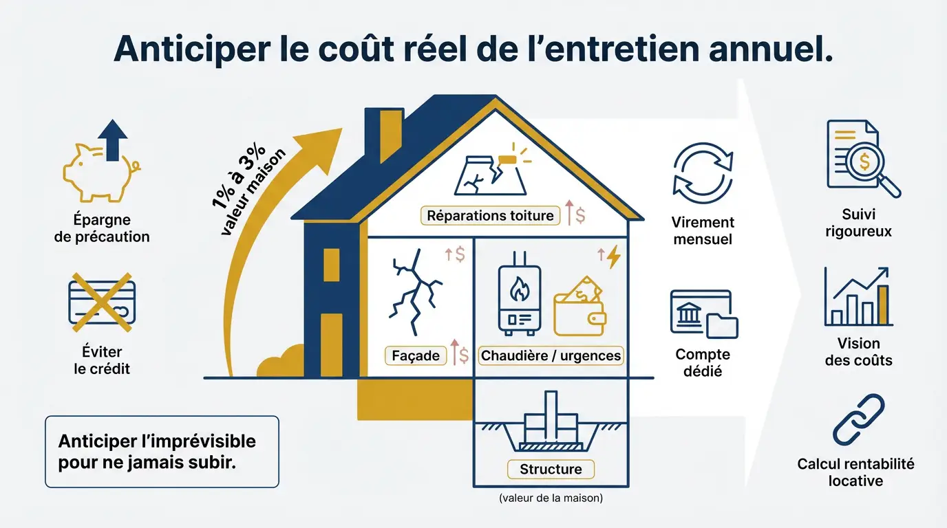 Propri&eacute;taire planifiant le budget d'entretien de sa maison avec une calculatrice et des documents financiers