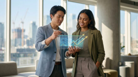 Investissement immobilier 2026 : réussir ses premiers pas Un homme et une femme visualisent un plan immobilier et des projections financières sur un écran holographique, avec vue sur la ville.