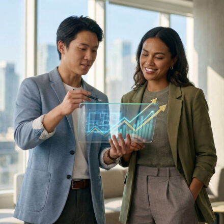 Un homme et une femme visualisent un plan immobilier et des projections financières sur un écran holographique, avec vue sur la ville.