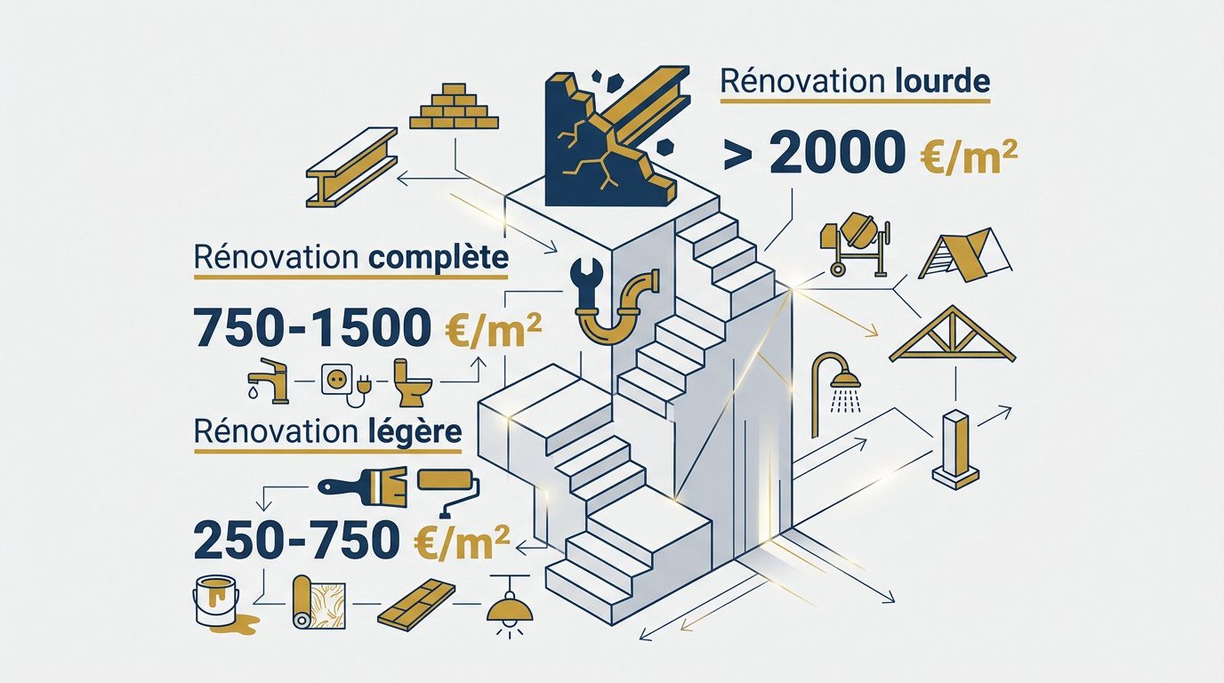 Graphique comparatif des prix de r&eacute;novation l&eacute;g&egrave;re, compl&egrave;te et lourde au m&sup2; en 2026