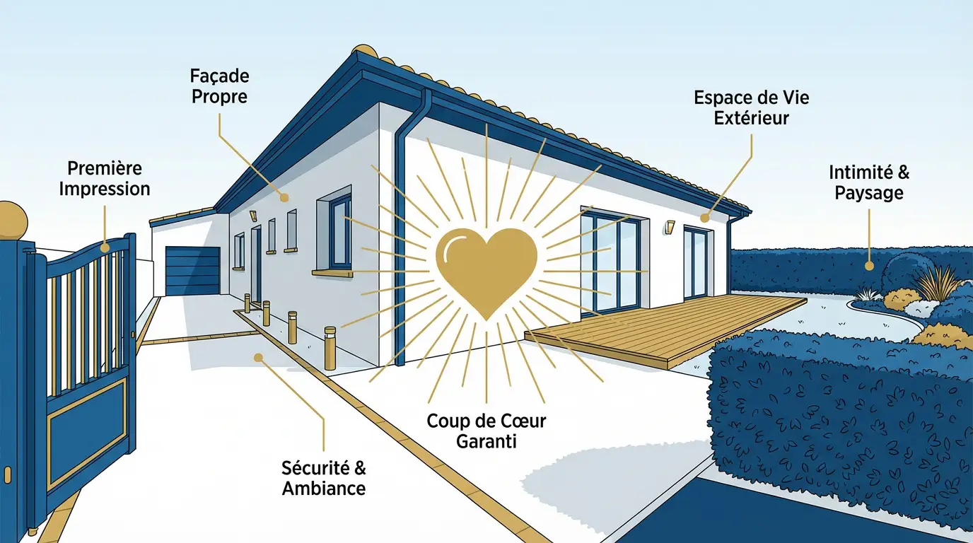 Aménagement extérieur avec jardin paysager et terrasse en bois