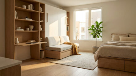 Réussir l’optimisation de l’espace pour son intérieur Pièce lumineuse avec lit, canapé modulable, bureau escamotable et étagères en bois. Optimisation d'espace moderne et clair.