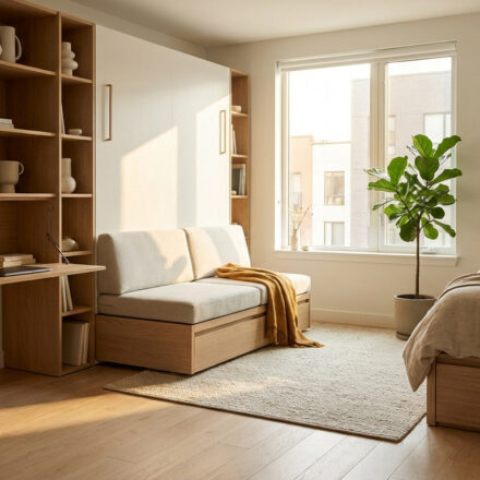 Pièce lumineuse avec lit, canapé modulable, bureau escamotable et étagères en bois. Optimisation d'espace moderne et clair.