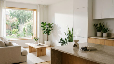 Débarrasser les nuisibles de sa maison : le guide 2026 Intérieur moderne lumineux avec salon-cuisine ouvert, plantes vertes, diffuseur d'huiles essentielles et jardin visible.