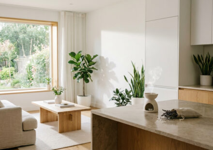 Débarrasser les nuisibles de sa maison : le guide 2026 Intérieur moderne lumineux avec salon-cuisine ouvert, plantes vertes, diffuseur d'huiles essentielles et jardin visible.