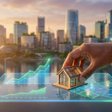 Où investir en immobilier en 2026 : les meilleures villes Main plaçant une maison sur une tablette holographique affichant graphiques de croissance et carte, ville moderne au coucher du soleil.