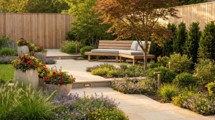 Aménagement jardin : valoriser son extérieur simplement Jardin moderne et ensoleillé : allée pavée, banc en bois, massifs de fleurs rouges, oranges et violettes, éclairage.