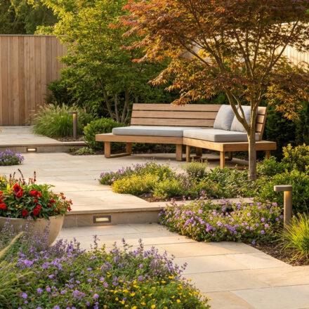 Jardin moderne et ensoleillé : allée pavée, banc en bois, massifs de fleurs rouges, oranges et violettes, éclairage.