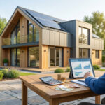 Un homme analyse un budget de rénovation énergétique sur tablette, devant une maison moderne équipée de panneaux solaires.