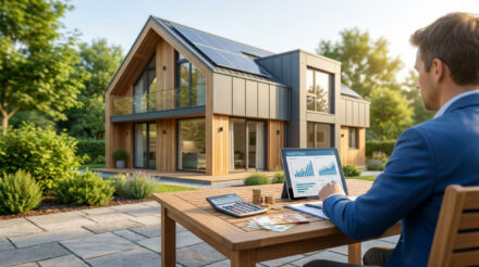 Tout savoir sur les aides rénovation énergétique en 2026 Un homme analyse un budget de rénovation énergétique sur tablette, devant une maison moderne équipée de panneaux solaires.