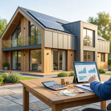 Tout savoir sur les aides rénovation énergétique en 2026 Un homme analyse un budget de rénovation énergétique sur tablette, devant une maison moderne équipée de panneaux solaires.