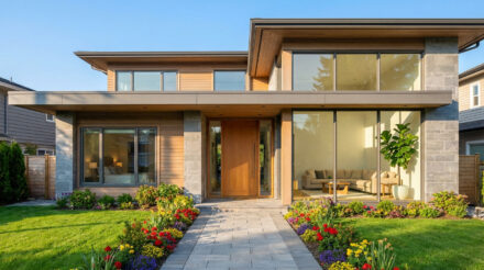 Comment valoriser votre bien immobilier avec succès en 2026 Façade d'une maison moderne à deux étages avec revêtement en bois et pierre, grandes fenêtres, et un jardin fleuri avec pelouse verte et allée pavée.