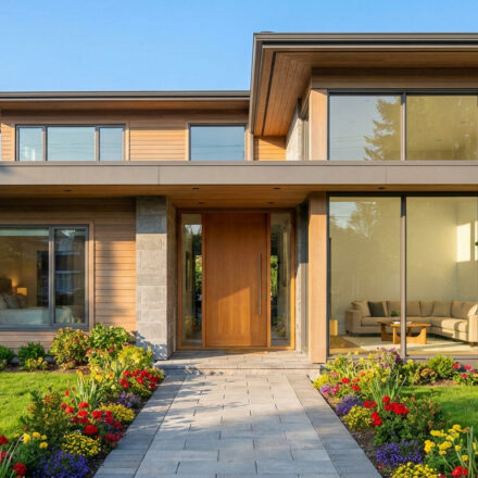 Façade d'une maison moderne à deux étages avec revêtement en bois et pierre, grandes fenêtres, et un jardin fleuri avec pelouse verte et allée pavée.