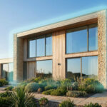 Vue d'une maison moderne en pierre et bois avec de grandes fenêtres, entourée d'un jardin. Un halo bleu symbolise son isolation thermique.