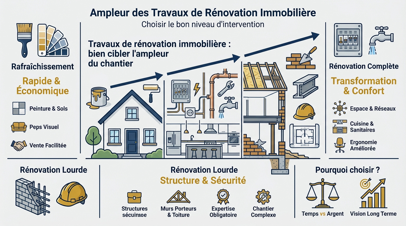Infographie présentant les trois niveaux de travaux : rafraîchissement, rénovation complète et rénovation lourde pour un projet immobilier réussi