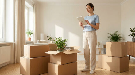 Checklist déménagement : l’essentiel pour ne rien oublier Une femme vérifie une checklist sur tablette, entourée de cartons de déménagement dans une pièce lumineuse. Elle organise son installation.