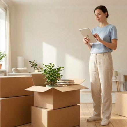 Une femme vérifie une checklist sur tablette, entourée de cartons de déménagement dans une pièce lumineuse. Elle organise son installation.