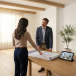 Homme et femme examinent des plans de rénovation avec rendu 3D sur tablette dans une pièce à rénover.