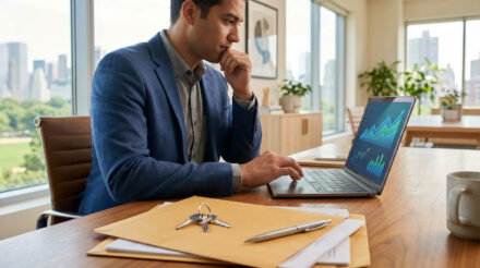 Taux immobilier 2026 : comment obtenir le meilleur crédit ? Homme réfléchit devant un laptop avec graphiques financiers, clés de maison sur un bureau. Vue sur ville par la fenêtre.