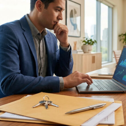 Homme réfléchit devant un laptop avec graphiques financiers, clés de maison sur un bureau. Vue sur ville par la fenêtre.