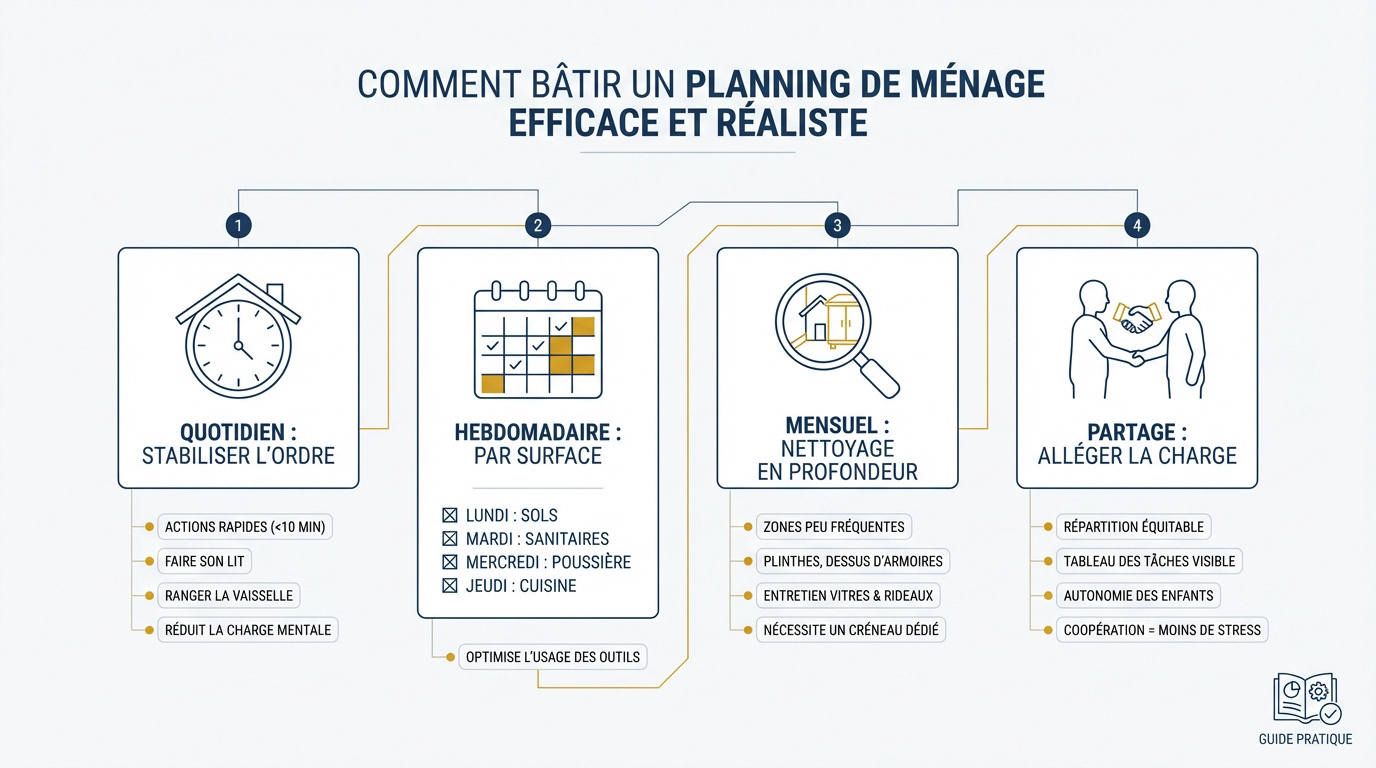 Tableau de planification du m&eacute;nage quotidien, hebdomadaire et mensuel pour une organisation familiale efficace