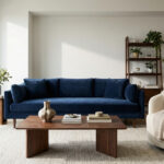 Salon lumineux : canapé bleu marine, fauteuil crème, table basse et étagère en bois avec plantes. Ambiance naturelle et chic.