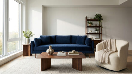 Tendances décoration 2026 : l’audace d’un intérieur naturel Salon lumineux : canapé bleu marine, fauteuil crème, table basse et étagère en bois avec plantes. Ambiance naturelle et chic.