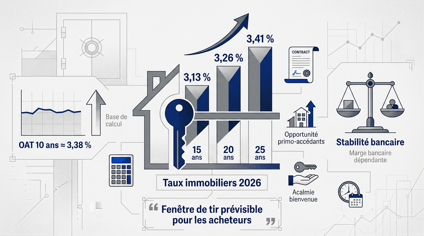 Graphique montrant la stabilit&eacute; des taux immobiliers en mars 2026 avec une tendance favorable pour les emprunteurs