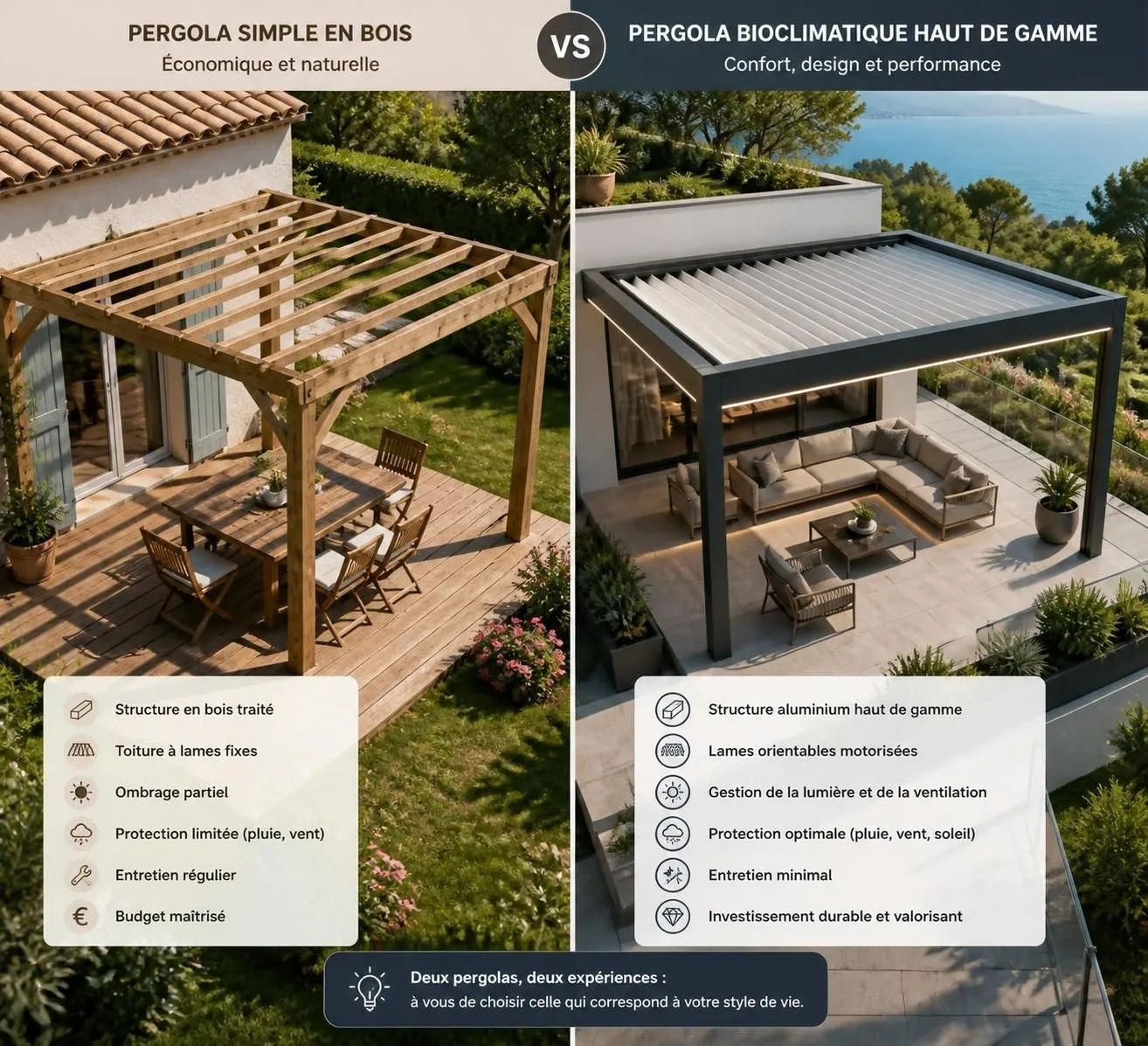 découvrez les différences entre pergola bioclimatique et pergola simple pour choisir la meilleure option selon votre budget et vos besoins d'utilisation.
